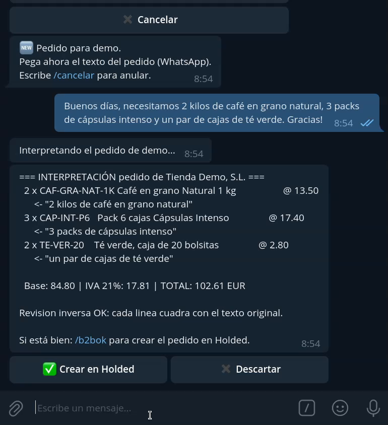 Demostraci&oacute;n del sistema de pedidos
